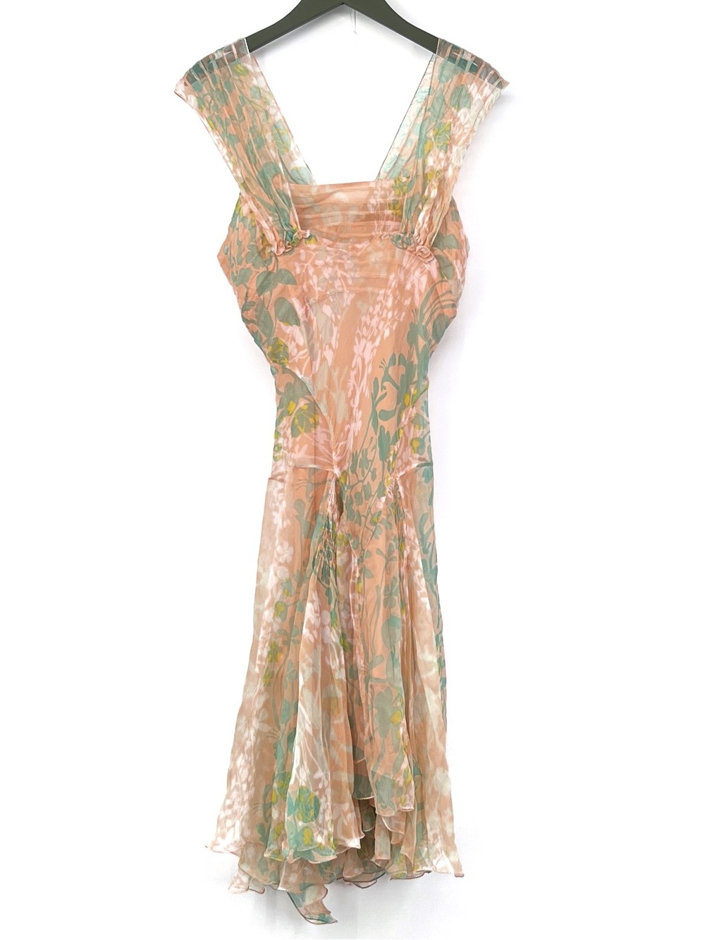 Max Studio Silk Floral Peach Green Sleeveless vintage thin silk Dress Y2k size 4